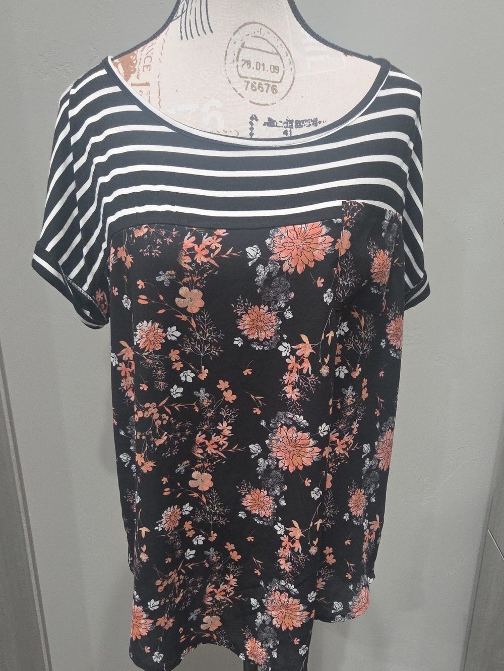Rewind Black Tunic with Coral Floral & Black-White Striped Yoke